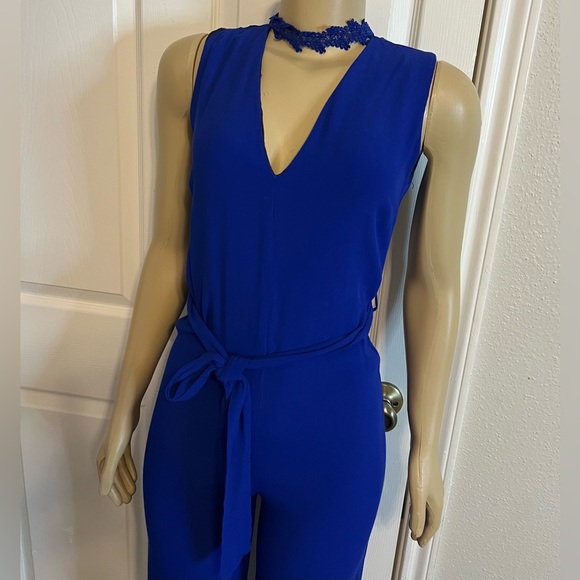 ZARA Blue Jumpsuit Sz XS Belt ankle-length Cropped With Lace Choker Romper - Picture 1 of 7
